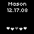 Black background displays white pixelated text 'Mason' and '12.17.08', with five heart icons below where the third icon shifts from gray to white across observations.