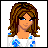 Pixelated character with brown curly hair and blue eyes wearing white top with blue patterns, next to text on a blue background.