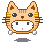 Pixel art cat head with orange stripes, black eyes, brown nose, white cheeks, and gray paws on a light gray background.