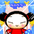 A 2x2 contact sheet of a pixelated cartoon character in red dress with black pigtails, showing three animation frames against a blue and pink background with yellow accents.