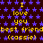 A static pixel art image with a dark brown background covered in small blue stars, featuring repeated yellow text elements.
