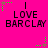 Bright pink background with repeated black text "LOVE BARCLAY" and vertical lines, animated green star-like shapes move across the screen.