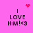 Pixelated pink background with black text 'I LOVE HIM! <3' and animated red heart or starburst symbols above the text.