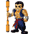 Pixel art character with muscular build, blue vest, red sash, dark pants, and orange staff; three expressions shown in