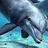 A pixelated image of a dolphin swimming in water with vertical cyan text on the right side.