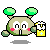 Pixel art animation of a green cartoon character with antennae holding a yellow medical box, showing three distinct frame variations in a contact sheet layout.