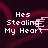 Animated contact sheet of a pixel art icon showing text "Hes Stealing My Heart" with pink heart-shaped motion trails on dark background, displayed in 3x2 grid across six frames.