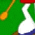 Pixelated cartoon character in red outfit with white star and orange hat, holding green object against camouflage background with repeated text.