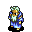 Pixelated character with green-and-white checkered headwear, brown face, blue-and-white robe, and yellow accents, standing on black base across four animation frames.