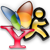 Pixelated icon featuring a red stand, colorful wing-like shapes in blue-green-orange-yellow gradients, and a yellow stick figure with black outline.