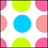 A static pixel art composition of six colored circles arranged in a grid pattern on a white background with dark borders.