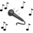 Pixelated image with microphone and musical notes on white background, pink text on black background describing karaoke experience.