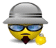 Animated contact sheet of a yellow cartoon character wearing sunglasses and a gray helmet, showing facial expression changes across 18 frames with consistent props and background.