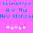 Pixelated blue text on bright pink background reads "Brunettes Are The New Blondes" with two of white and light pink plus signs below
