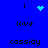 Blue background with black text 'i', 'love', 'cassidy' and pixelated blue symbols including a heart and star-like shapes.