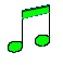 Five pixelated musical notes with colored stems and oval note heads in green, yellow, cyan, red, and purple on a gray background.