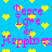 Pixelated blue background with repeating yellow hearts and pink text reading Peace Love Happiness in a pattern