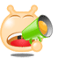 Pixelated cartoon character with light brown rounded head, two small ears, and open mouth holding green megaphone against gray background.
