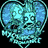 A heart-shaped blue skull icon with a pixelated texture and faint floral patterns, set against a black background.