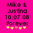 Pixelated text on bright pink background reads 'Mike & Justina 10.07.08 Forever' with five yellow and pink heart symbols below.