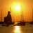 Pixelated sunset scene with two dark silhouettes on water, bright sun at center, orange-yellow gradient sky, and reflection on water surface.