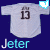 A 4x3 contact sheet of animated frames showing a light gray sports jersey with number 13 and the name "Jeter" below it, each frame featuring small blue wing-like icons in the top-right corner against a dark blue background.