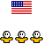 Pixelated American flag icons and yellow-shirted cartoon figures with speech bubbles containing letters A, U, S on gray background.