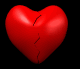 Six red heart shapes on black background, showing progressive cracking and separation into two pieces from left to right