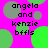 Pixelated text 'angela and kenzie bffls' on bright pink background with green and gray circles, animated with shifting circle positions.