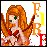 Pixelated character with long orange hair and green eyes, wearing red bikini top, holding brown staff-like object against white background with scattered letters.