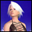 Pixelated image of a character with short white hair against blue background, next to black with stylized text