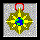 Pixelated star-shaped icon with yellow and green segments, red loop at top, and central blue-green or red or blue circular element on gray pixelated background.