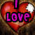 Four red hearts with white highlights on a brown textured background, each containing text in different colors forming the phrase "I love him more than he'll ever know".