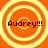 Four identical orange circular icons with yellow concentric rings and "Audrey!!!" text in black pixelated font, arranged in a on an orange background