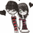 Two cartoon figures with dark hair and green eyes stand side-by-side, holding hands, with floating black hearts around them.