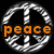 A four-quadrant displays a peace symbol, heart, ampersand, and name text with pixelated orange lettering on distinct backgrounds
