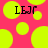 Bright pink background with scattered yellow circles; two identical black text elements reading "LEJR" appear in the upper portion.