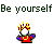 Pixelated character with white face, red torso, blue sleeves, and yellow crown-like hair, displayed in with varying size and position against gray background