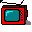 Pixelated red television with black antenna and control buttons, displaying changing blue screen content across frames.