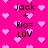 A pink background with light pink hearts and black text reading "Jack + Rio= LUV" in two vertical