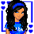 Animated contact sheet of a pixel-art character in blue attire with long black hair, showing multiple frames including full-body poses and text-based animation sequences.