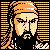 Pixelated 50x50 static buddy icon featuring a character with orange hair and beard against black background, framed by vertical striped borders.