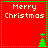 Red square icon with "Merry Christmas" text and green tree symbols in four quadrants, bordered by dotted lines.