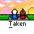 Pixel art animation of two stick figures sitting on a bench at sunset with text "Taken" below each frame.