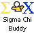 Pixelated graphic with yellow sigma symbol, central figure in yellow outfit holding white orb, blue X symbol, and text 'Sigma Chi Buddy' below on gray background.