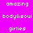 Pixelated text labels 'amazing', 'body&soul', and 'girlies' appear on a gradient background shifting from magenta to cyan.