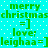 Pixelated green text on cyan background with white dots, repeating 'merry christmas', '=]', 'love;', and 'leighaa=]' in a pattern