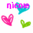 Pixelated pink text 'nicole' and 'and' above cyan hearts, with pink and green hearts below on white background; gray rectangle in bottom-right corner.