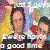 Pixelated image of two people in a colorful background with text at the bottom.