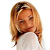 Pixelated image of a person with long light brown hair wearing a white top and dark bow tie, head tilted slightly right, eyes closed, mouth closed, against white background.
